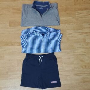 Gray Quarter-Zip Pullover and Blue Gingham Shirt with Navy Shorts Vineyard Vines